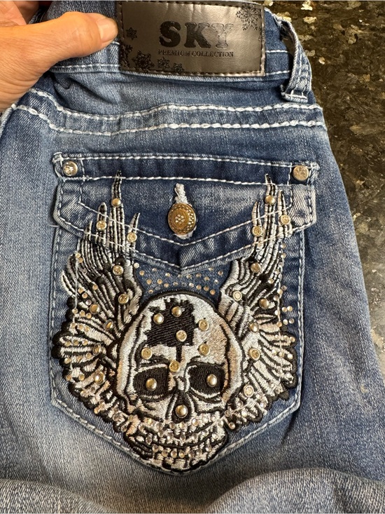 Sky Denim - Sky Women's Blue Skinny Jeans with Embroidered Winged Skull & Studs